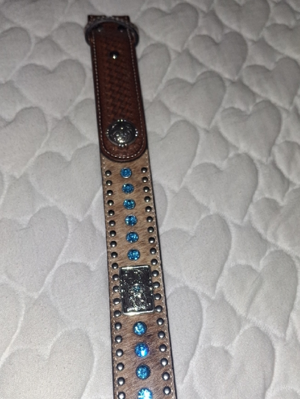 Brown Leather Belt with Turquoise Crystal Accents - Picture 5 of 7
